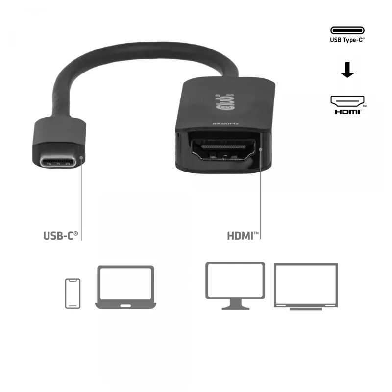 USB-C to HDMI 2.1 adapter Club 3D CAC-2505 — 8K@60Hz, USB Type-C to HDMI + USB, 0.12 m