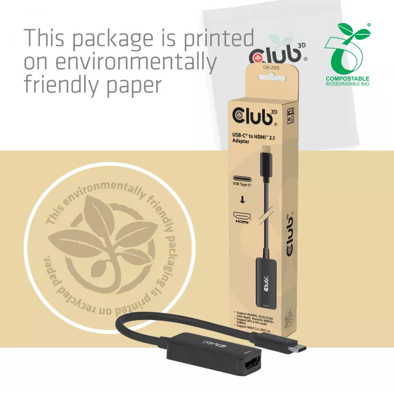 USB-C to HDMI 2.1 adapter Club 3D CAC-2505 — 8K@60Hz, USB Type-C to HDMI + USB, 0.12 m
