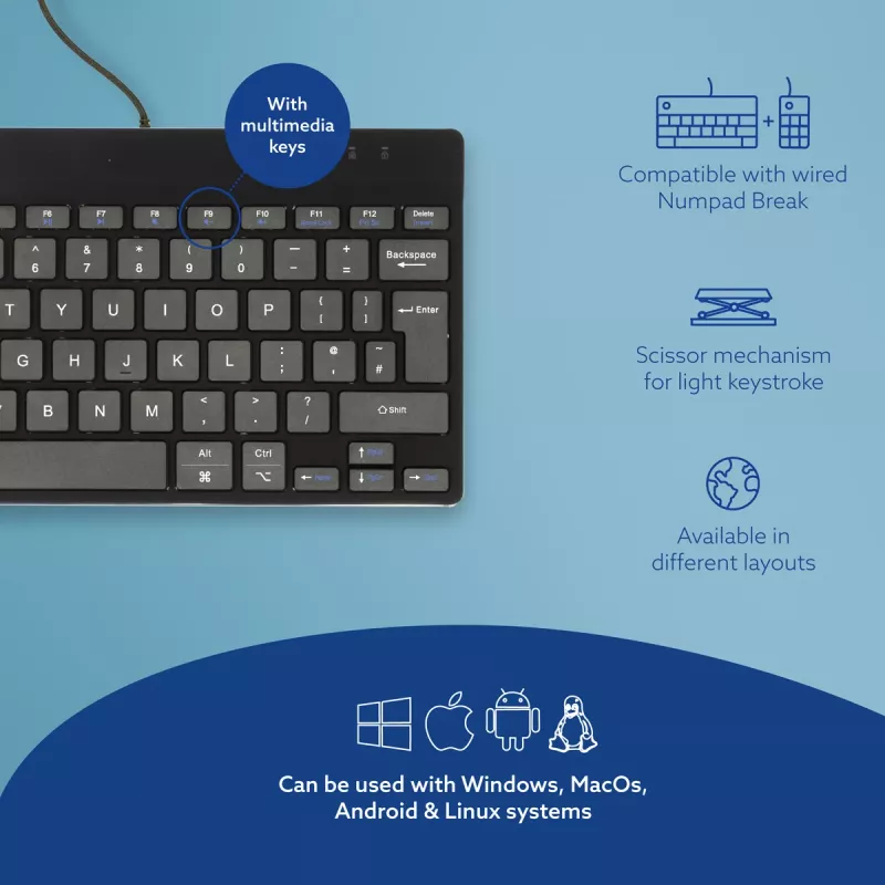R-Go Tools Ergonomic keyboard R-Go Compact Break, compact keyboard with break software, QWERTY (UK), wired, black
