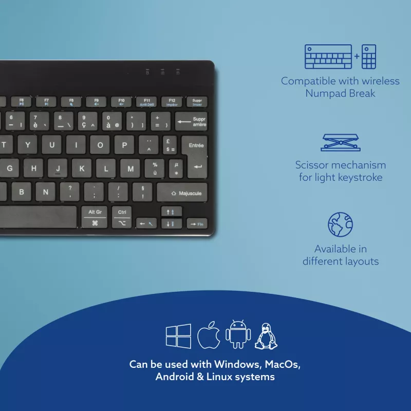 R-Go Tools Ergonomic keyboard R-Go Compact Break, compact keyboard with break software, AZERTY (FR), Bluetooth, black