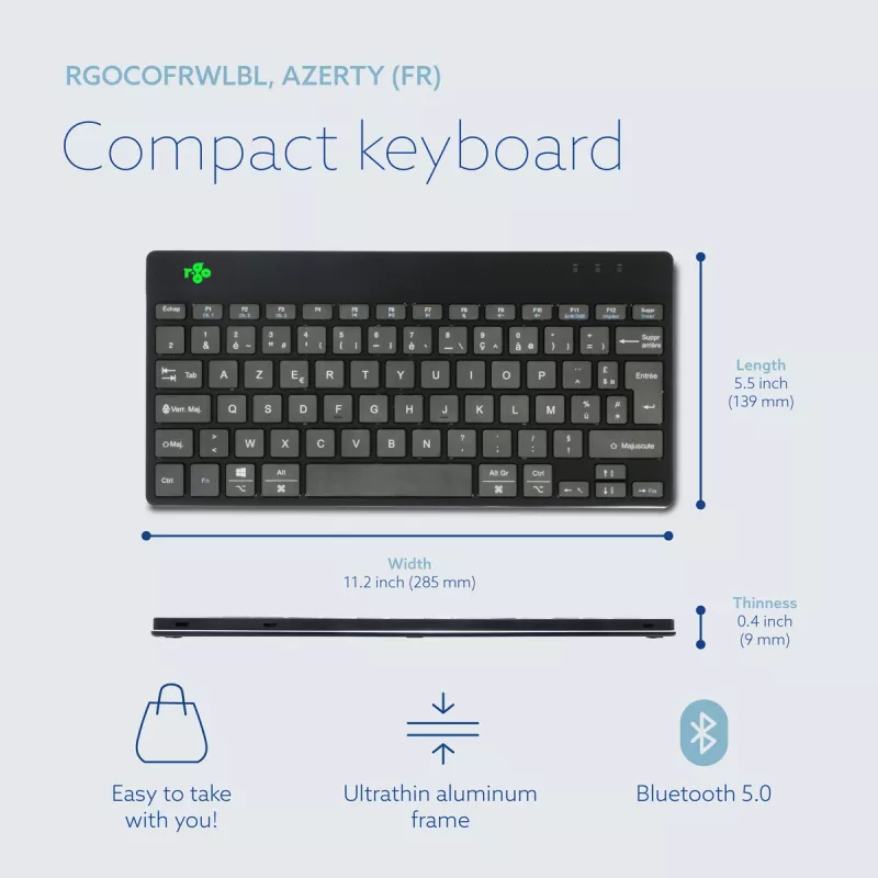 R-Go Tools Ergonomic keyboard R-Go Compact Break, compact keyboard with break software, AZERTY (FR), Bluetooth, black