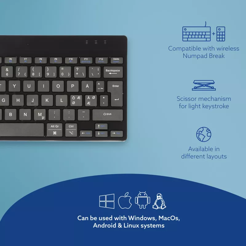 R-Go Tools Ergonomic keyboard R-Go Compact Break, compact keyboard with break software, QWERTY (NORDIC), Bluetooth, black