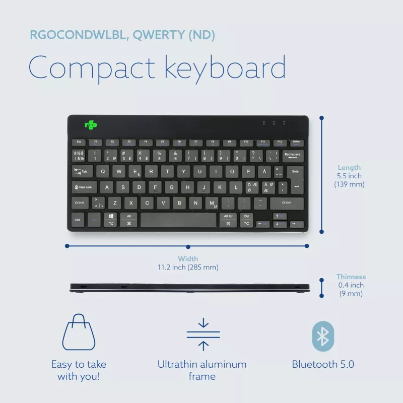 R-Go Tools Ergonomic keyboard R-Go Compact Break, compact keyboard with break software, QWERTY (NORDIC), Bluetooth, black