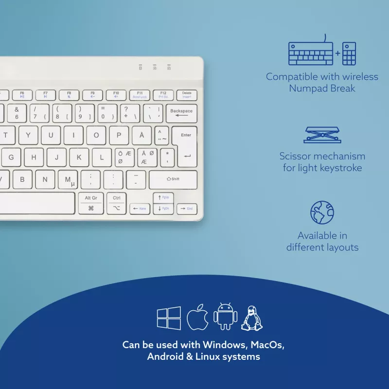 R-Go Tools Ergonomic keyboard R-Go Compact Break, compact keyboard with break software, QWERTY (NORDIC), Bluetooth, white
