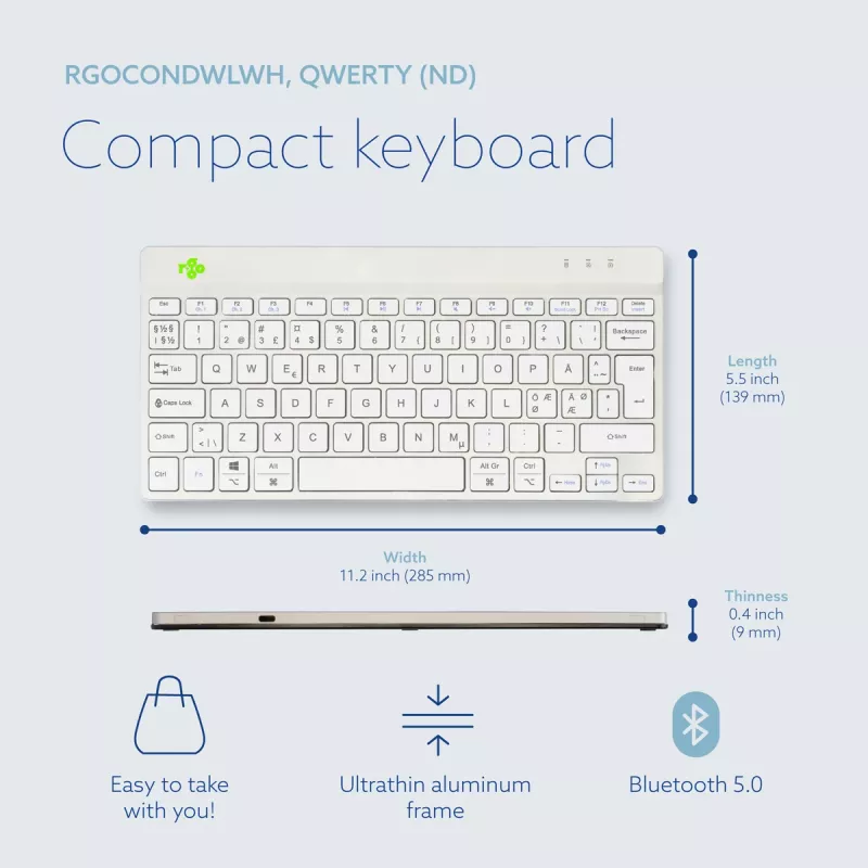 R-Go Tools Ergonomic keyboard R-Go Compact Break, compact keyboard with break software, QWERTY (NORDIC), Bluetooth, white