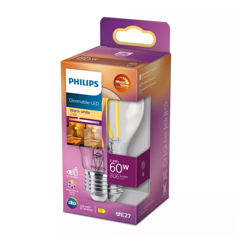 Philips Filament Bulb Clear 60W A60 E27, 5.9 W, 60 W, E27, 806 lm, 15000 h, Warm glow