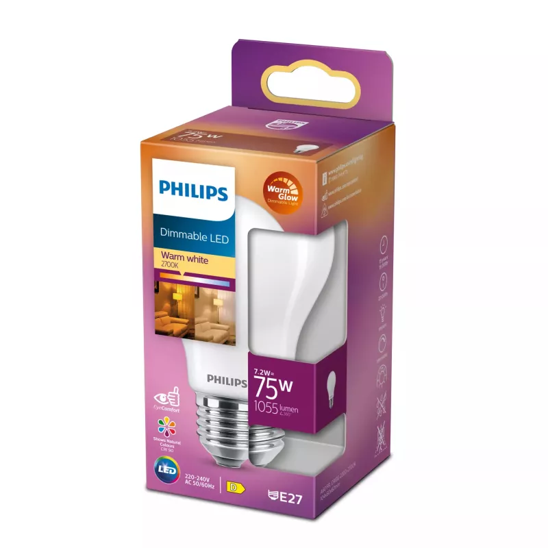 Philips Filament Bulb Frosted 75W A60 E27, 7.2 W, 75 W, E27, 1055 lm, 15000 h, Warm glow