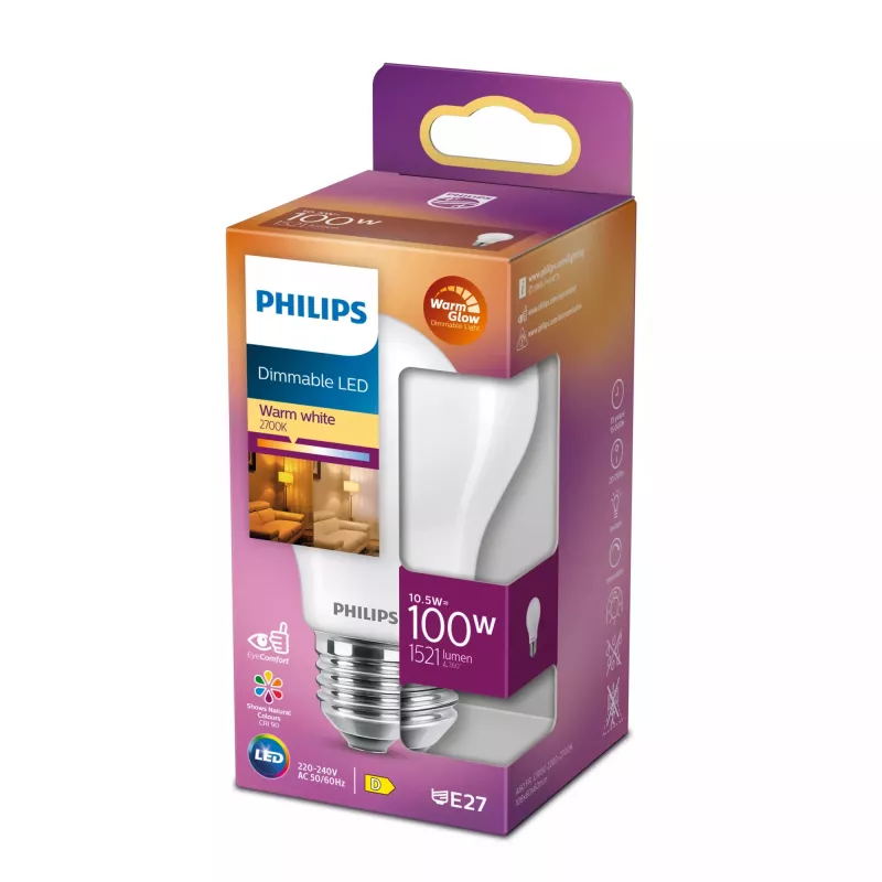 Philips Filament Bulb Frosted 100W A60 E27, 10.5 W, 100 W, E27, 1521 lm, 15000 h, Warm glow