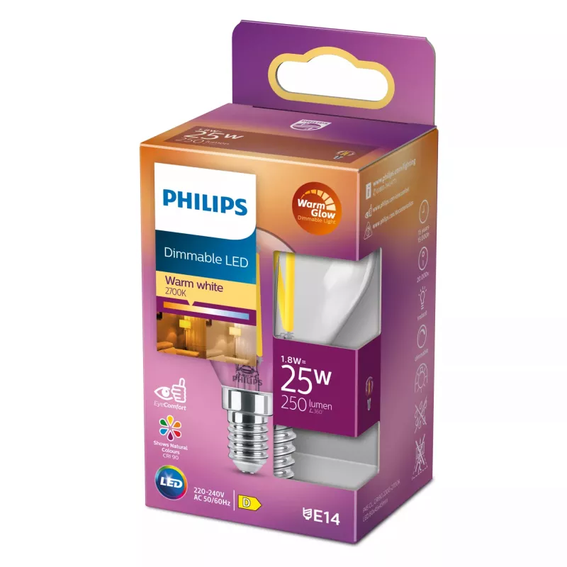 Philips Filament Candle Clear 25W P45 E14, 2.5 W, 25 W, E14, 340 lm, 15000 h, Warm glow