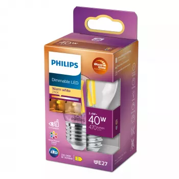 LED filament candle bulb Philips Filament Candle Clear 3.4W (470 lm) P45 E27, warm glow, CRI 90