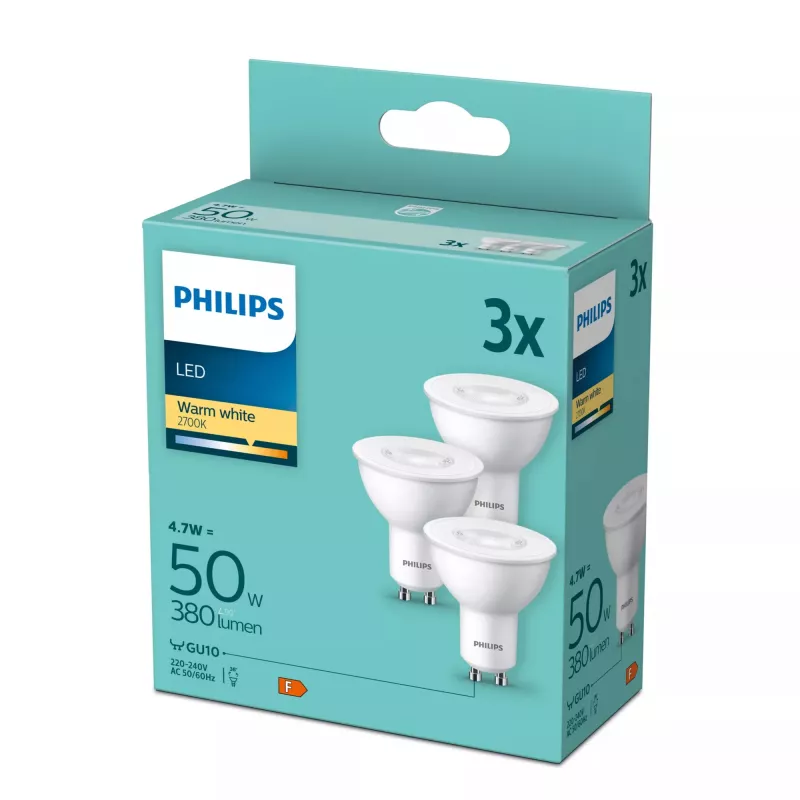 Philips Spot 50W PAR16 GU10 x3 4.7W Warm White 380lm 15000h