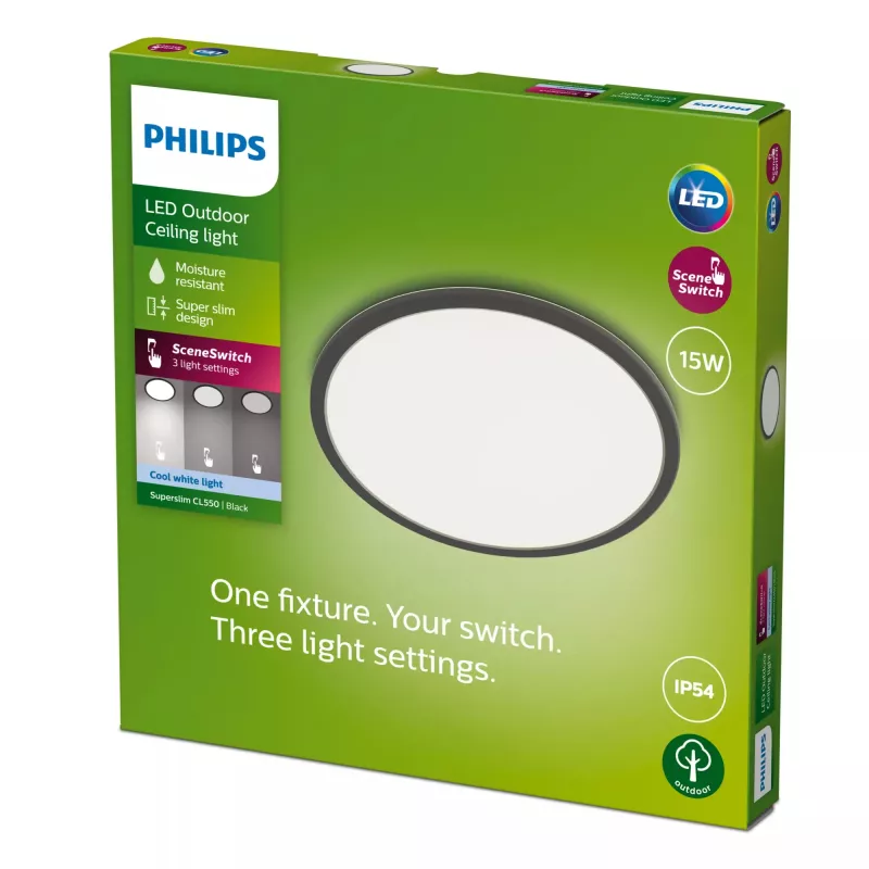 Ceiling light Philips Superslim 15W LED, 4000K, IP54, 250×250 mm, Black/White