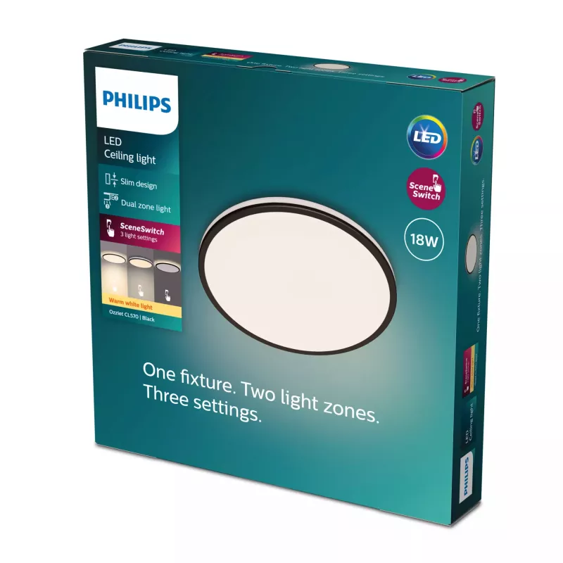 Ceiling light Philips Functional Ozziet 18 W LED, round, black, non-changeable bulb, 220–240V