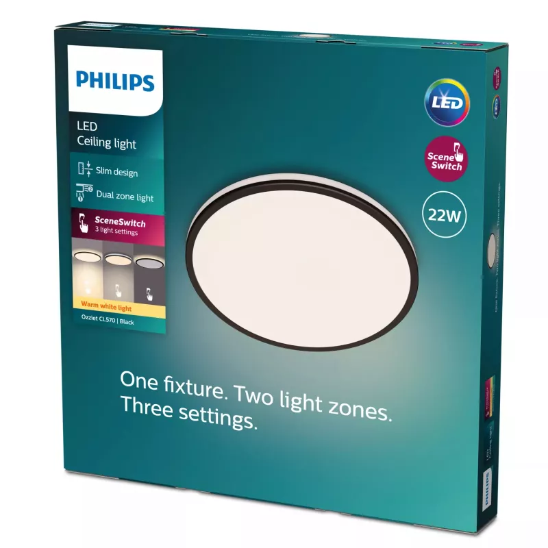 Philips Functional Ozziet Ceiling Light 22 W, LED, Non-changeable bulb(s), 2700 K, 2300 lm, IP20, Black