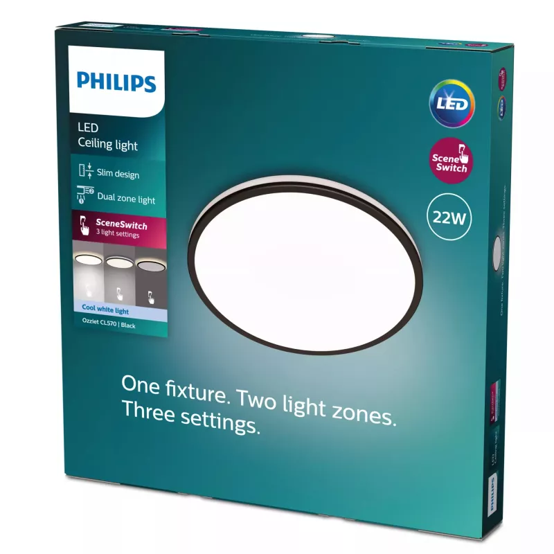 Ceiling light Signify Philips Functional Ozziet, LED 22 W, round 400 mm, black, non-changeable bulb
