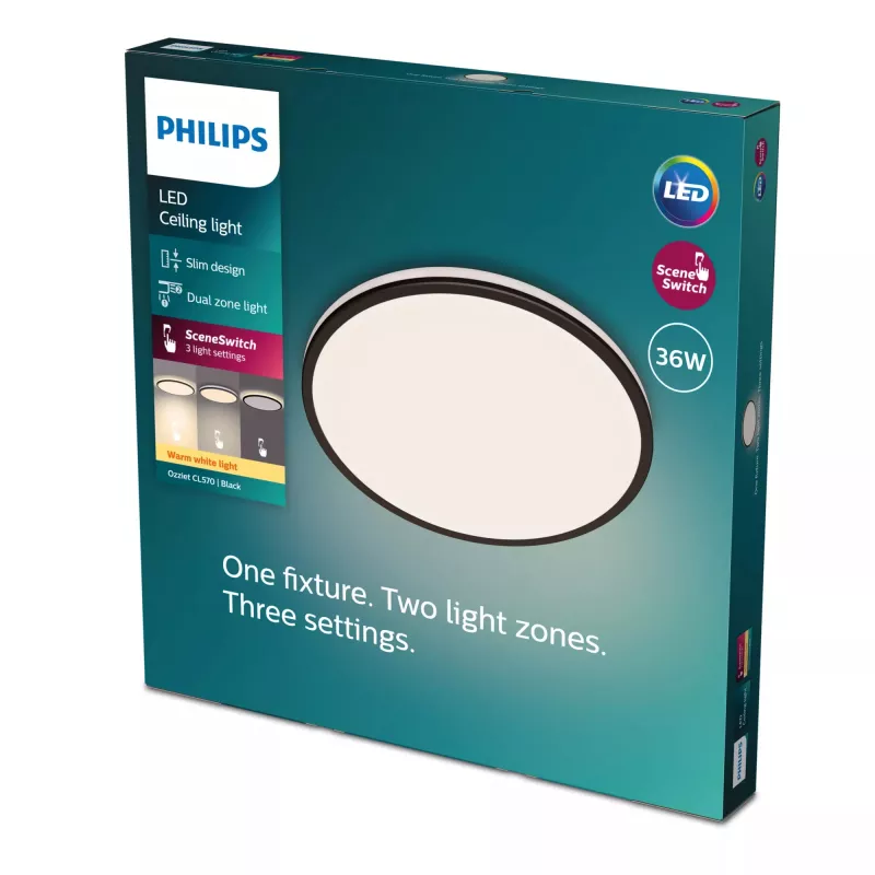 Ceiling light Philips Ozziet 36 W LED, round 500×55 mm, black, non-changeable LED module
