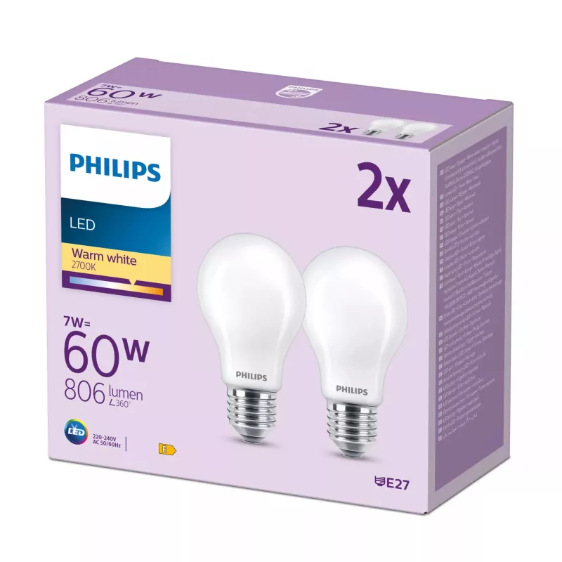 Philips Filament Bulb Frosted 60W A60 E27 x2, 7 W, 60 W, E27, 806 lm, 15000 h, Warm white