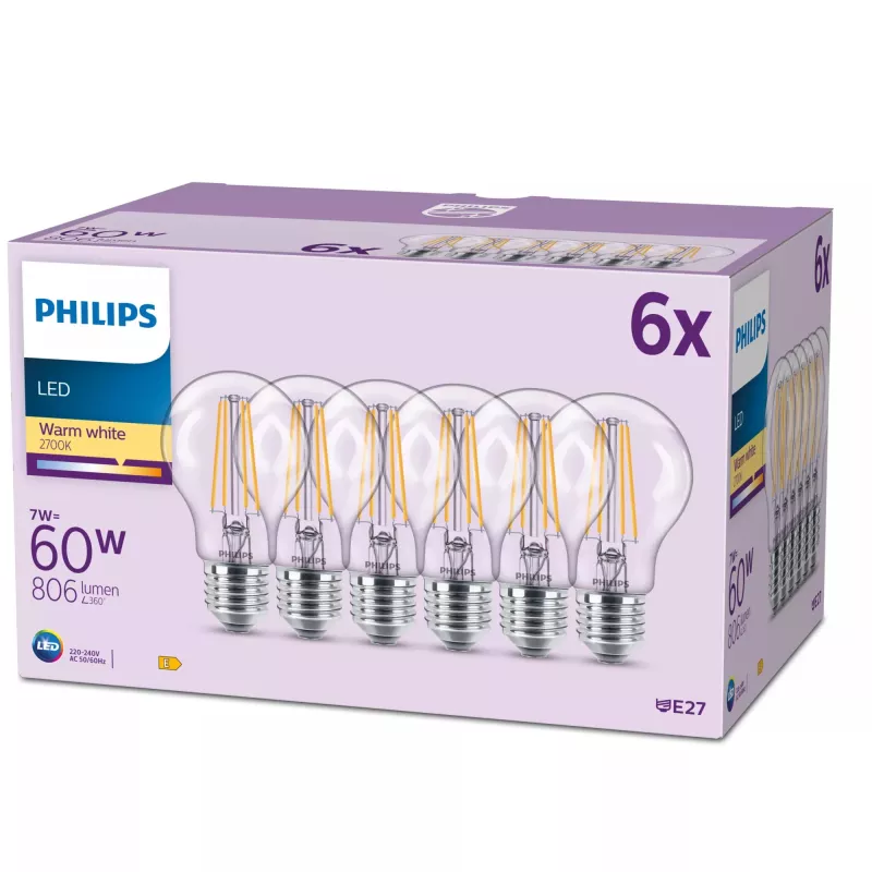 Philips Filament Bulb Frosted 60W A60 E27 x6, 7 W, 60 W, E27, 806 lm, 15000 h, Warm white