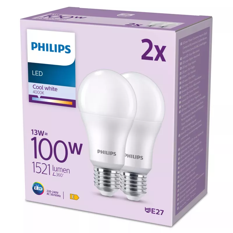 Philips Bulb 100W A67 E27 x2, 13 W, 100 W, E27, 1521 lm, 15000 h, Cool white