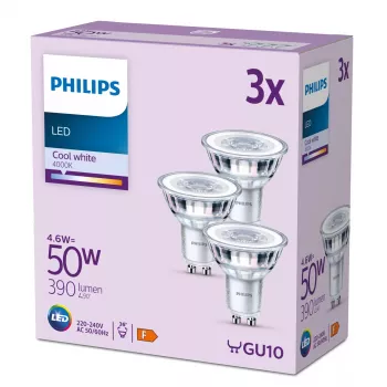 Philips Spot 50W PAR16 GU10 x3, 4.6 W, 50 W, GU10, 390 lm, 15000 h, Cool white