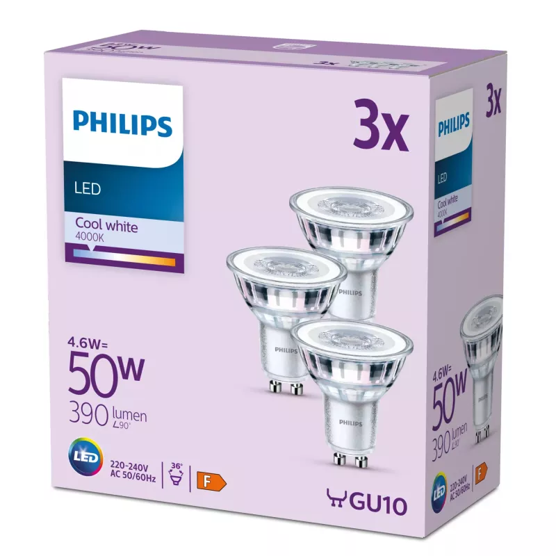 Philips Spot 50W PAR16 GU10 x3, 4.6 W, 50 W, GU10, 390 lm, 15000 h, Cool white