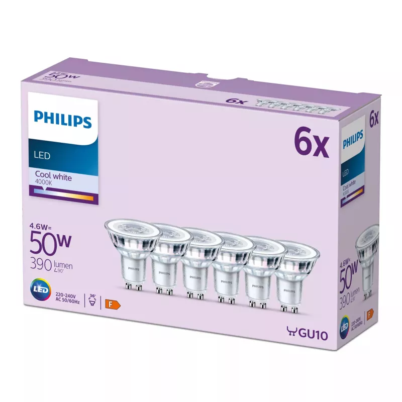 Philips Spot 50W PAR16 GU10 x6, 4.6 W, 50 W, GU10, 390 lm, 15000 h, Cool white