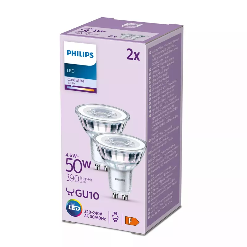 Philips Spot 50W PAR16 GU10 x2, 4.6 W, 50 W, GU10, 390 lm, 15000 h, Cool white