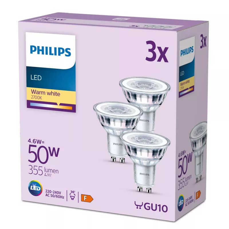 Philips Spot 50W PAR16 GU10 x3, 4.6 W, 50 W, GU10, 355 lm, 15000 h, Warm white