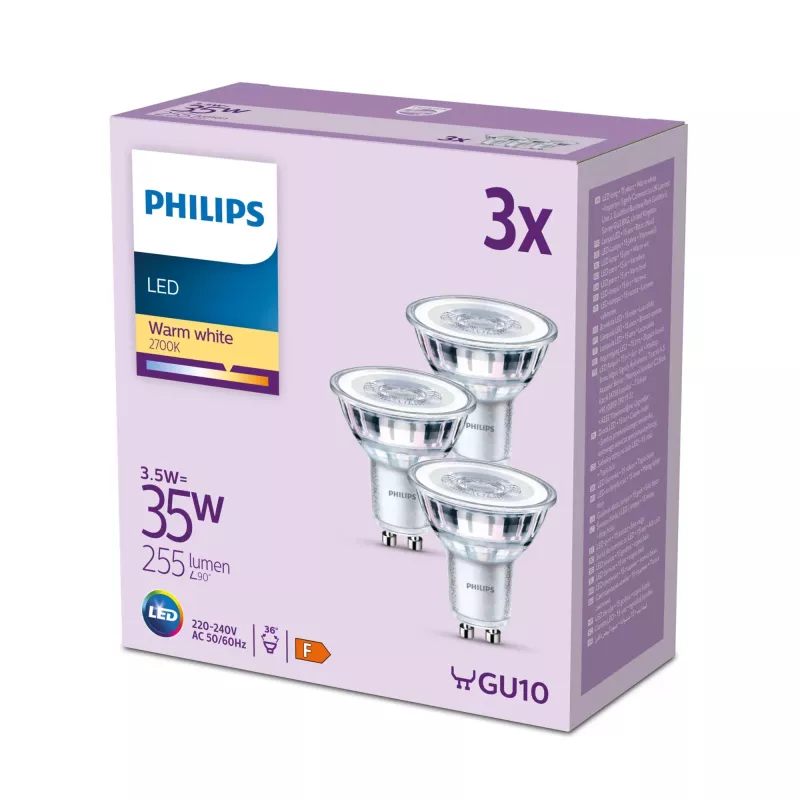 Philips Spot 35W PAR16 GU10 x3, 3.5 W, 35 W, GU10, 255 lm, 15000 h, Warm white