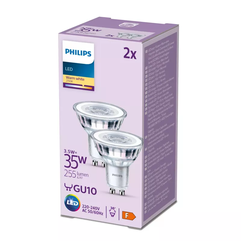 Philips Spot 35W PAR16 GU10 x2, 3.5 W, 35 W, GU10, 255 lm, 15000 h, Warm white