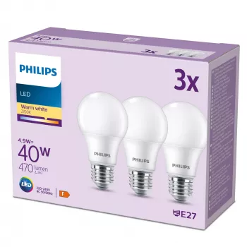 Philips Bulb 40W A60 E27 x3, 4.9 W, 40 W, E27, 470 lm, 15000 h, Warm white
