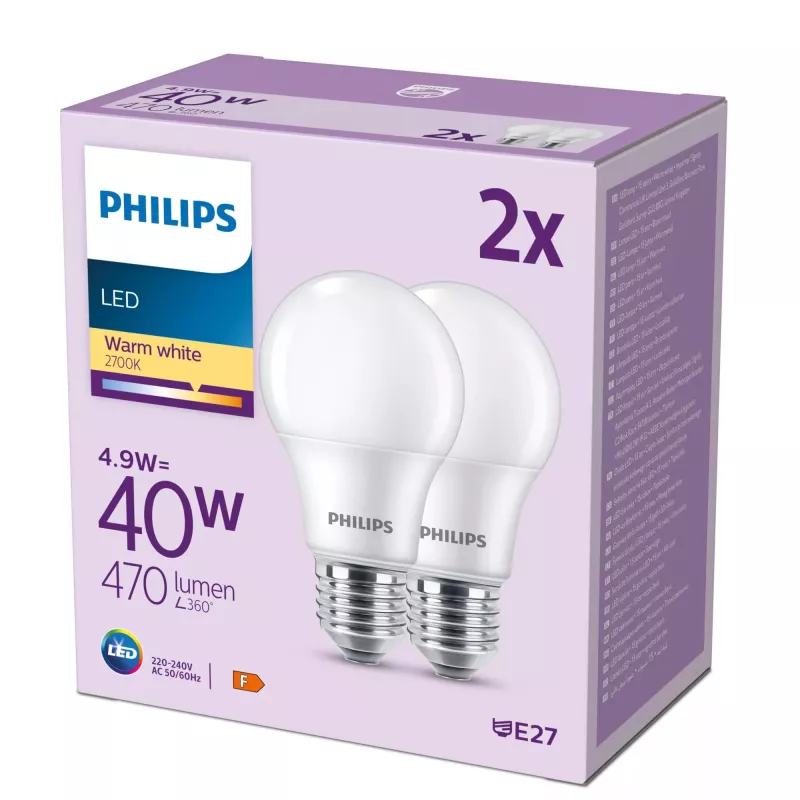 Philips Bulb 40W A60 E27 x2, 4.9 W, 40 W, E27, 470 lm, 15000 h, Warm white