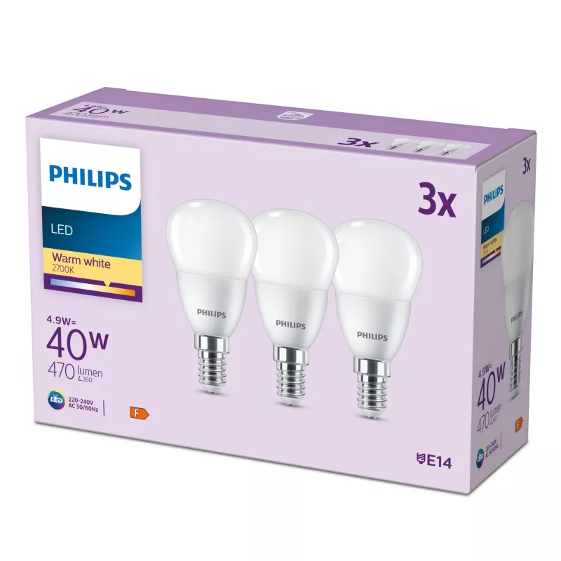 Philips Candle 40W P45 E14 x3, 4.9 W, 40 W, E14, 470 lm, 15000 h, Warm white