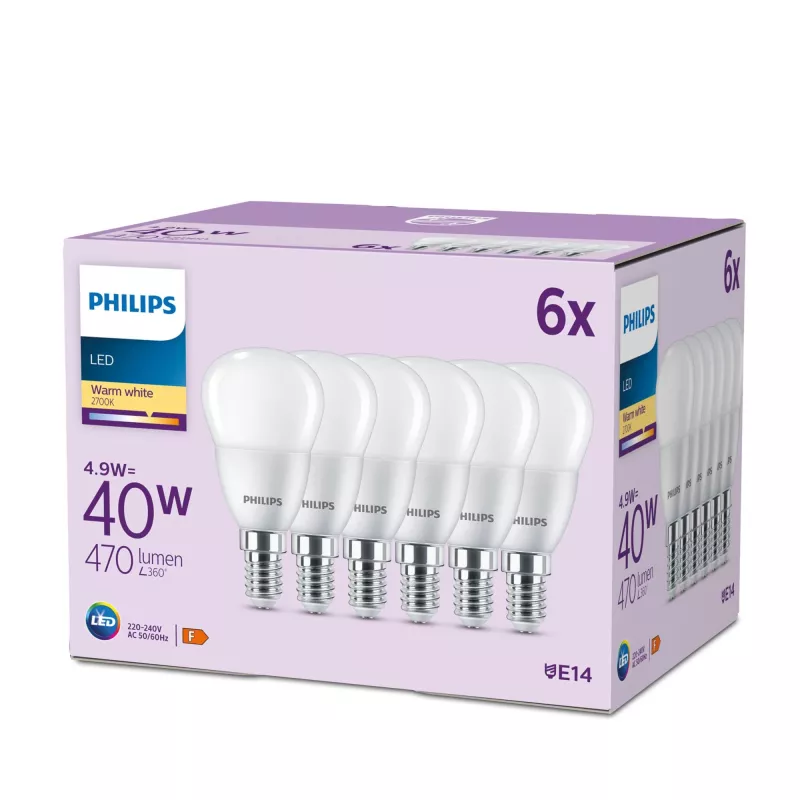 Philips Candle 40W P45 E14 x6, 4.9 W, 40 W, E14, 470 lm, 15000 h, Warm white
