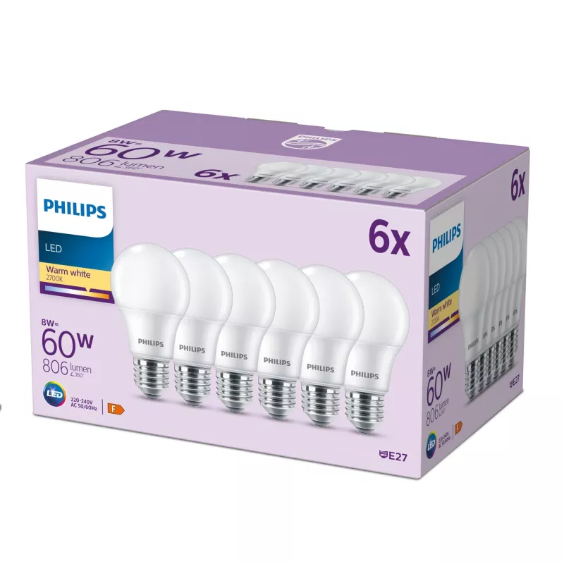 Philips Bulb 60W A60 E27 x6, 8 W, 60 W, E27, 806 lm, 15000 h, Warm white