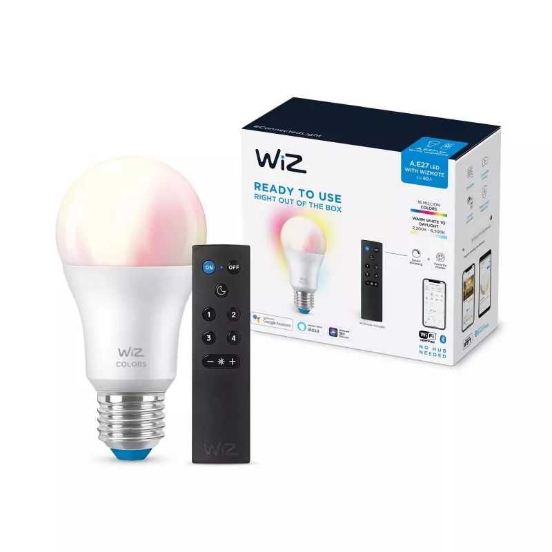 WiZ Bulb 8W (Eq.60W) A60 E27 x1 + Remote, Smart bulb, Wi-Fi/Bluetooth, White, Wi-Fi 4 (802.11n), 802.11b, 802.11g, LED, E27
