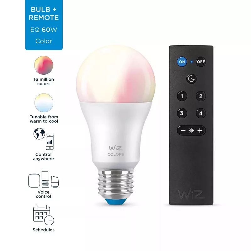WiZ Bulb 8W (Eq.60W) A60 E27 x1 + Remote, Smart bulb, Wi-Fi/Bluetooth, White, Wi-Fi 4 (802.11n), 802.11b, 802.11g, LED, E27
