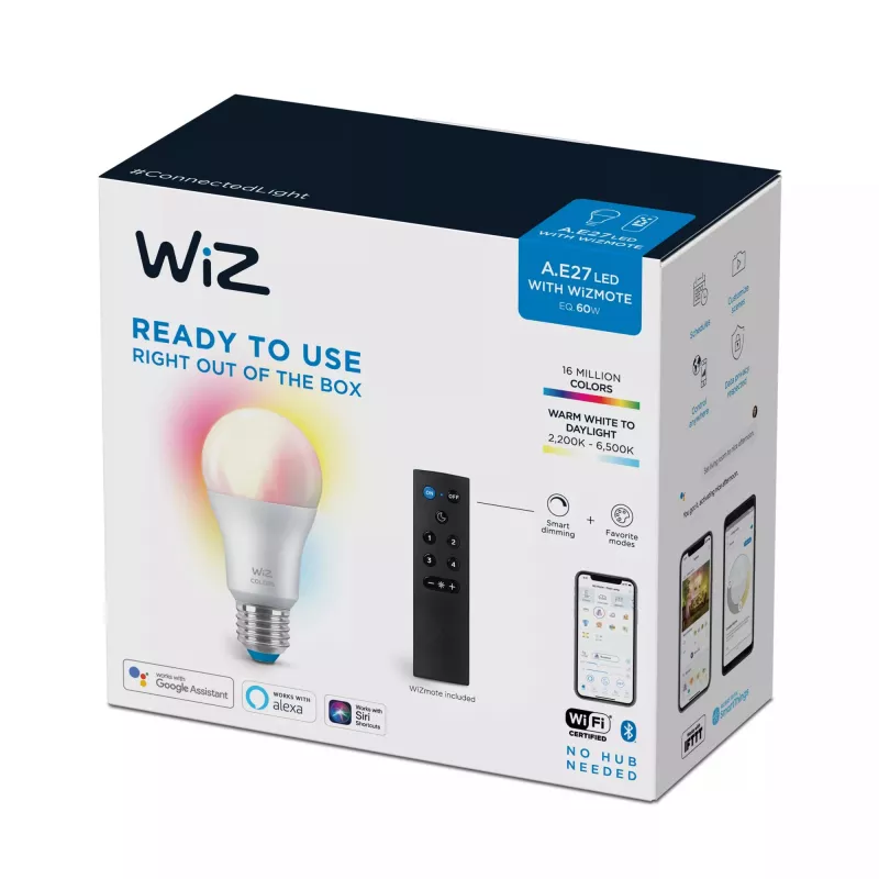 WiZ Bulb 8W (Eq.60W) A60 E27 x1 + Remote, Smart bulb, Wi-Fi/Bluetooth, White, Wi-Fi 4 (802.11n), 802.11b, 802.11g, LED, E27