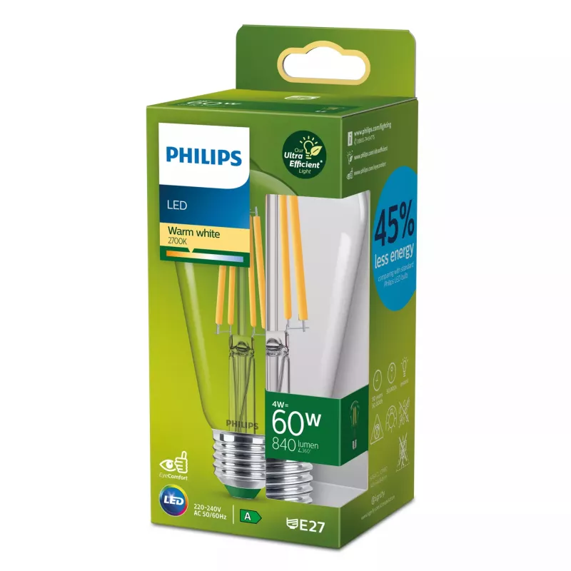 Philips Filament Bulb Clear 60W ST64 E27, 4 W, 60 W, E27, 840 lm, 50000 h, Warm white