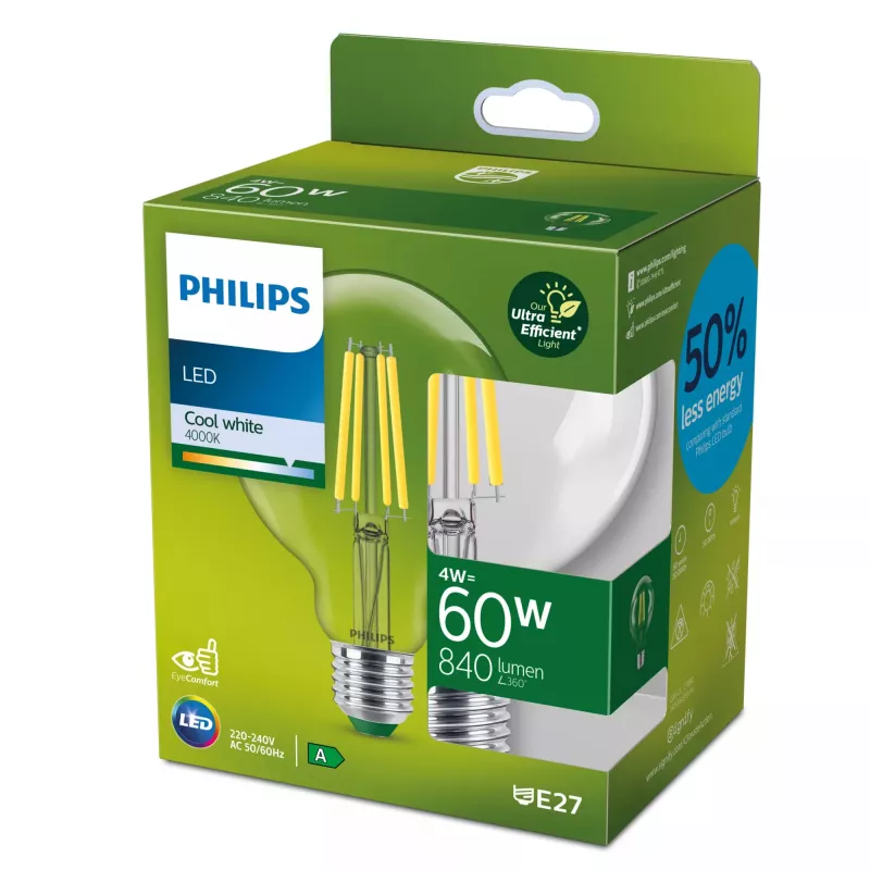 Philips Filament Bulb Clear 60W G95 E27, 4 W, 60 W, E27, 840 lm, 50000 h, Cool white