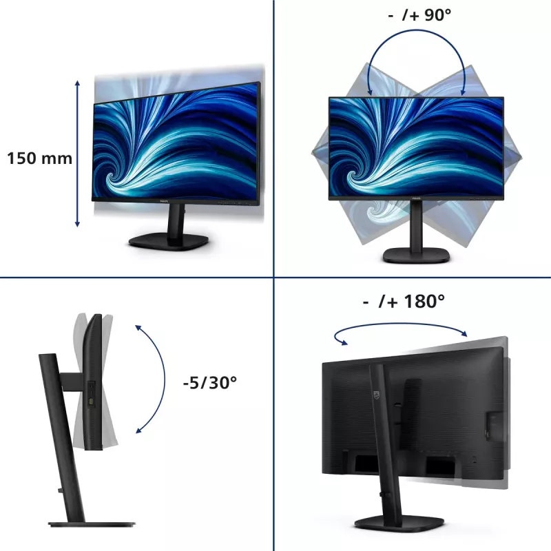 Monitor Philips 24B2U3601 23.8 inch (60.5 cm) IPS Quad HD 2560x1440, USB 3.2 hub, USB-C, speakers, height adjustable, VESA, Black
