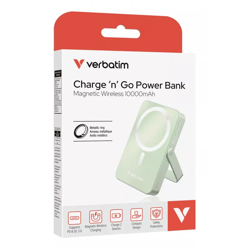 Verbatim Charge 'n' Go Magnetic Wireless Power Bank with stand - 10000 mAh Green