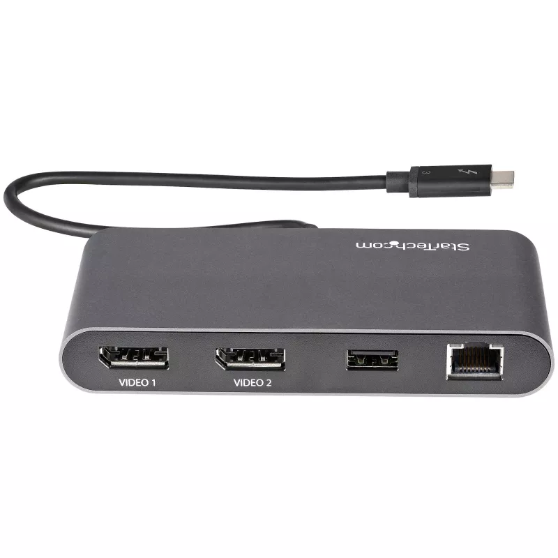 StarTech.com Dual-Monitor Thunderbolt Mini Dock, 4K 60Hz DisplayPort, Driverless Hub for Windows & Mac, Gigabit Ethernet, 1x USB-A (USB 5Gbps), 11in (28cm) Cable
