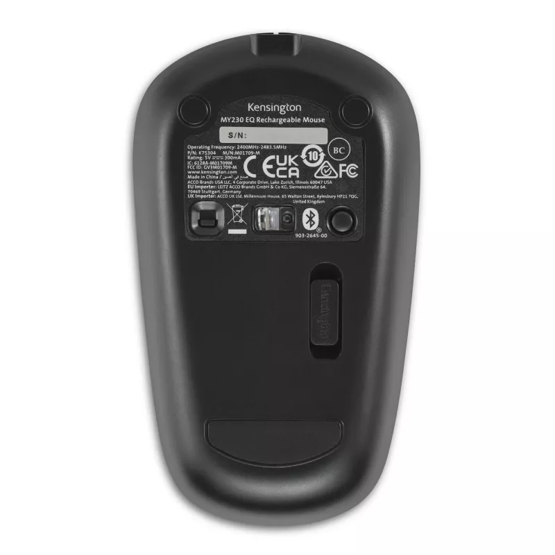 Kensington MY230 EQ Rechargeable Mouse – Wireless – Midsize, Ambidextrous, RF Wireless + Bluetooth, 1200 DPI, Black