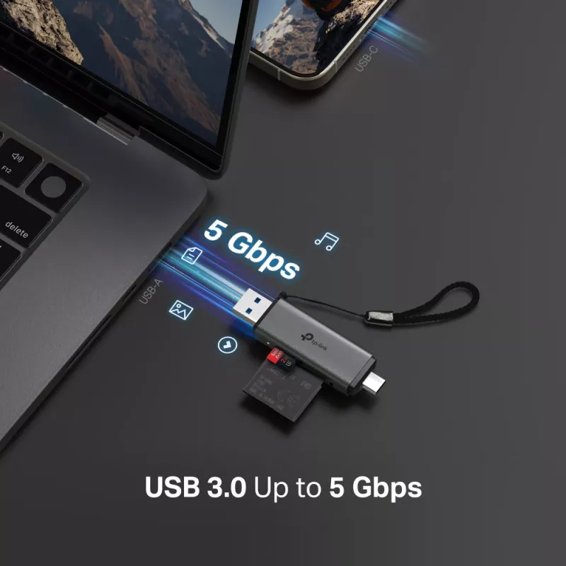 Card reader TP‑LINK UA430D USB 3.1 — MicroSD/SD support, 200 Mbit/s, Black, 75×22.9×9.3 mm