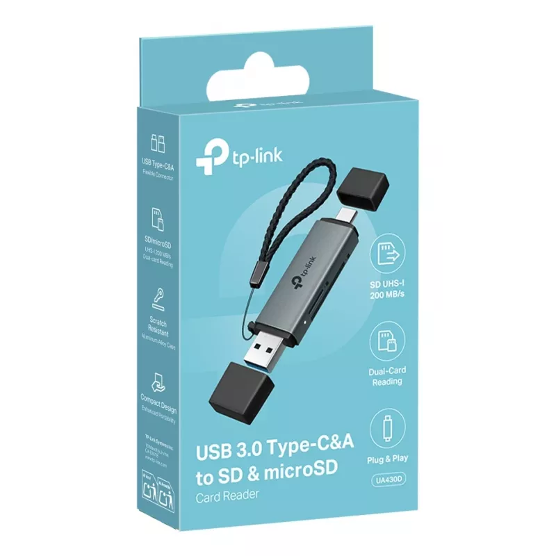 Card reader TP‑LINK UA430D USB 3.1 — MicroSD/SD support, 200 Mbit/s, Black, 75×22.9×9.3 mm