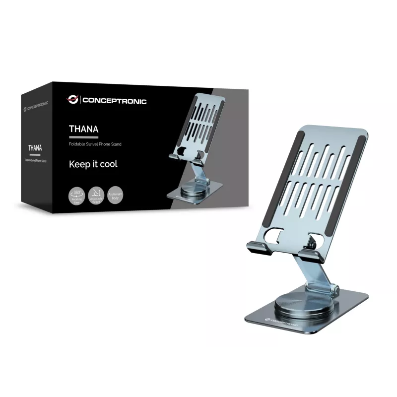 Foldable Swivel Phone Stand CONCEPTRONIC THANA08G, 360° Rotating Base, Adjustable Height, Silver