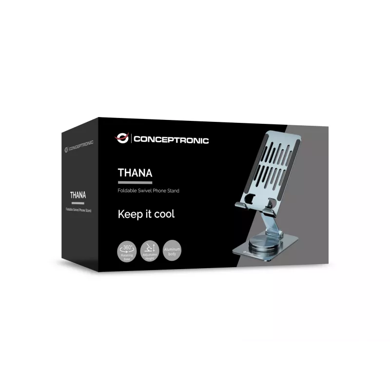 Foldable Swivel Phone Stand CONCEPTRONIC THANA08G, 360° Rotating Base, Adjustable Height, Silver