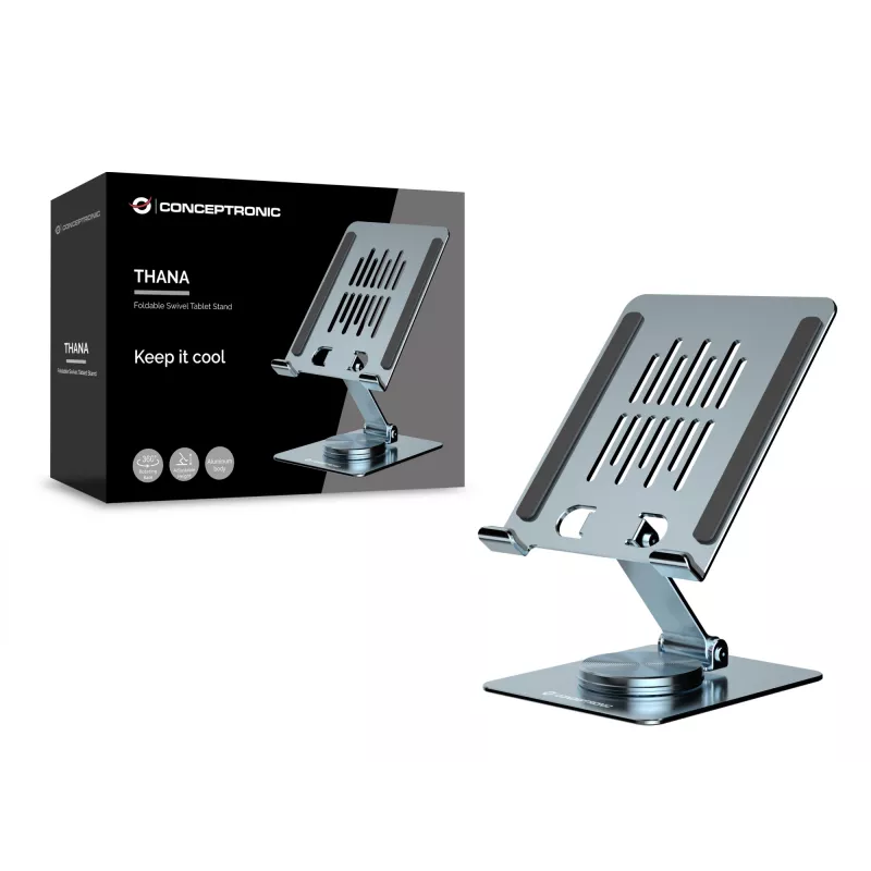 Multimedia Tablet Stand CONCEPTRONIC THANA09G — foldable swivel stand, 360° rotating base, adjustable height, grey, 150×110×40 mm