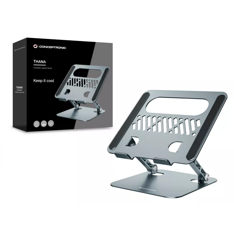 Laptop stand CONCEPTRONIC THANA10G — foldable aluminium, adjustable height, grey, 240×220×50 mm